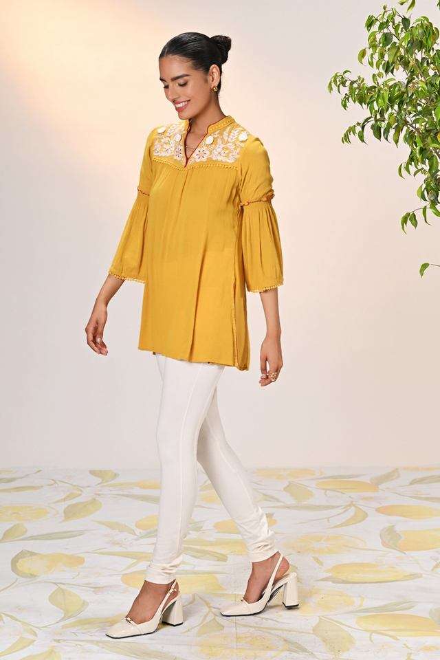 Buy Lakshita Mustard Embroidered Crepe Round Neck Women's Tunic