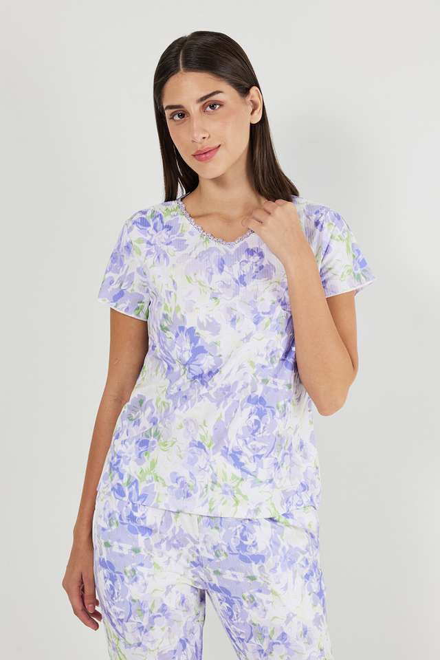 Printed-V-Neck-Polyester-Women-s-Casual-Wear-Sleep-T-Shirt