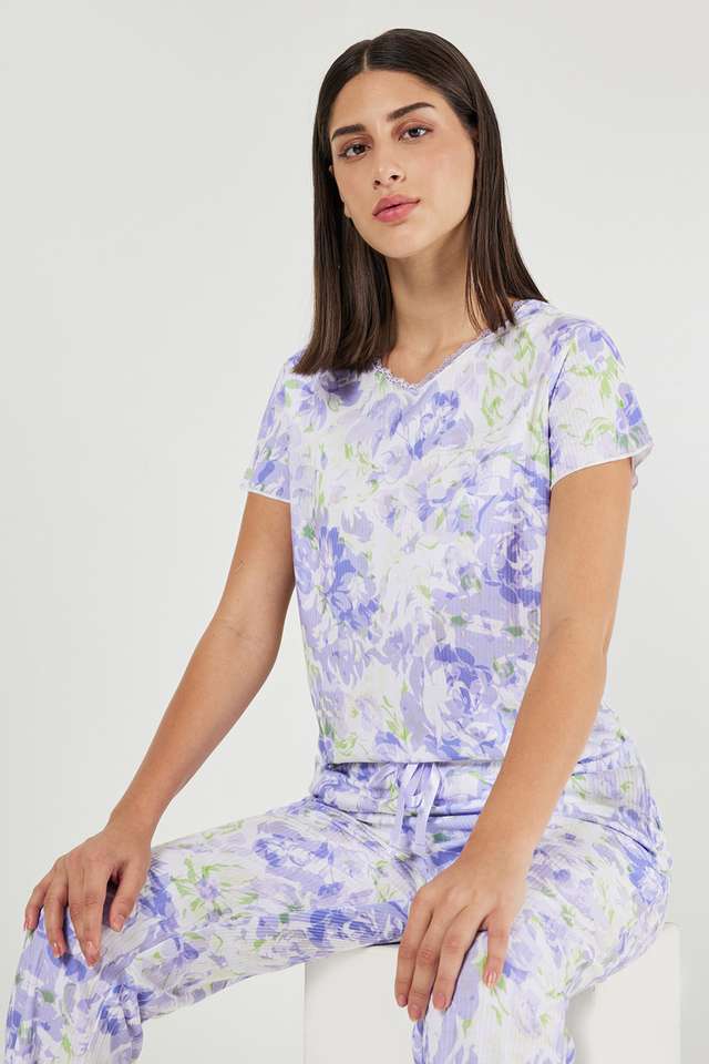 Printed-V-Neck-Polyester-Women-s-Casual-Wear-Sleep-T-Shirt