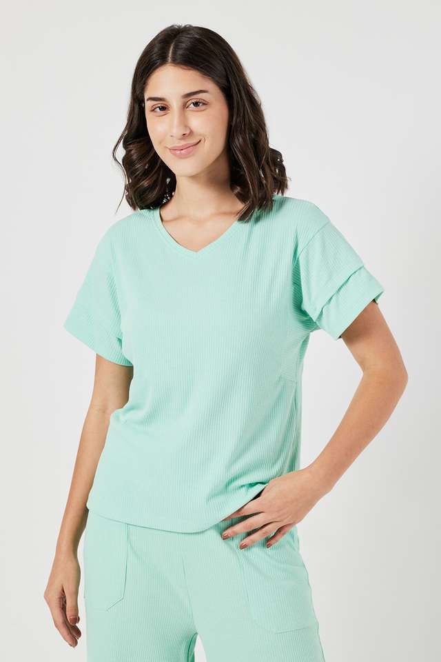 Solid-V-Neck-Polyester-Women-s-Casual-Wear-Sleep-T-Shirt