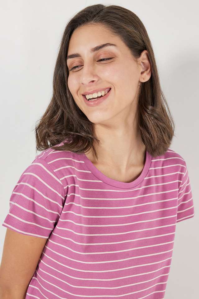 Stripes-Round-Neck-Cotton-Women-s-Casual-Wear-Sleep-T-Shirt