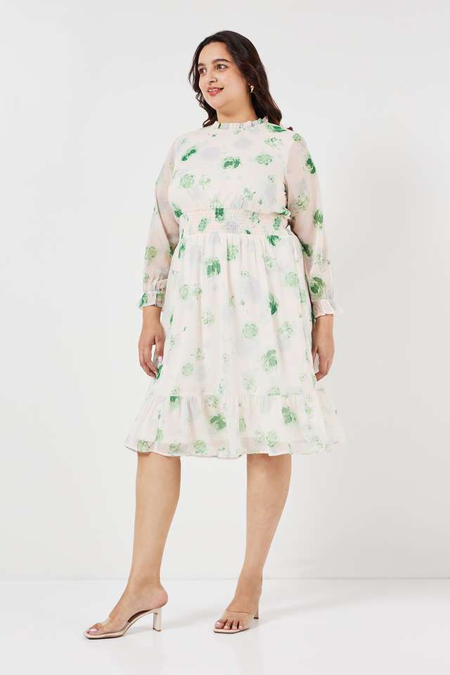Plus-Size-Printed-V-Neck-Polyester-Women-s-Knee-Length-Dress