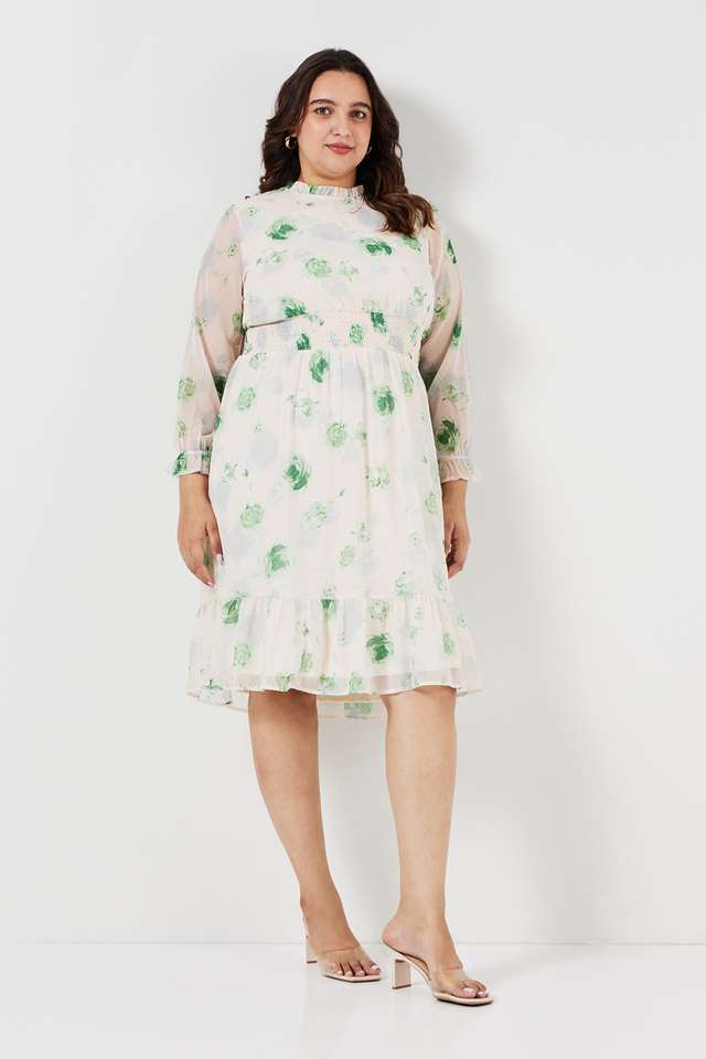 Plus-Size-Printed-V-Neck-Polyester-Women-s-Knee-Length-Dress