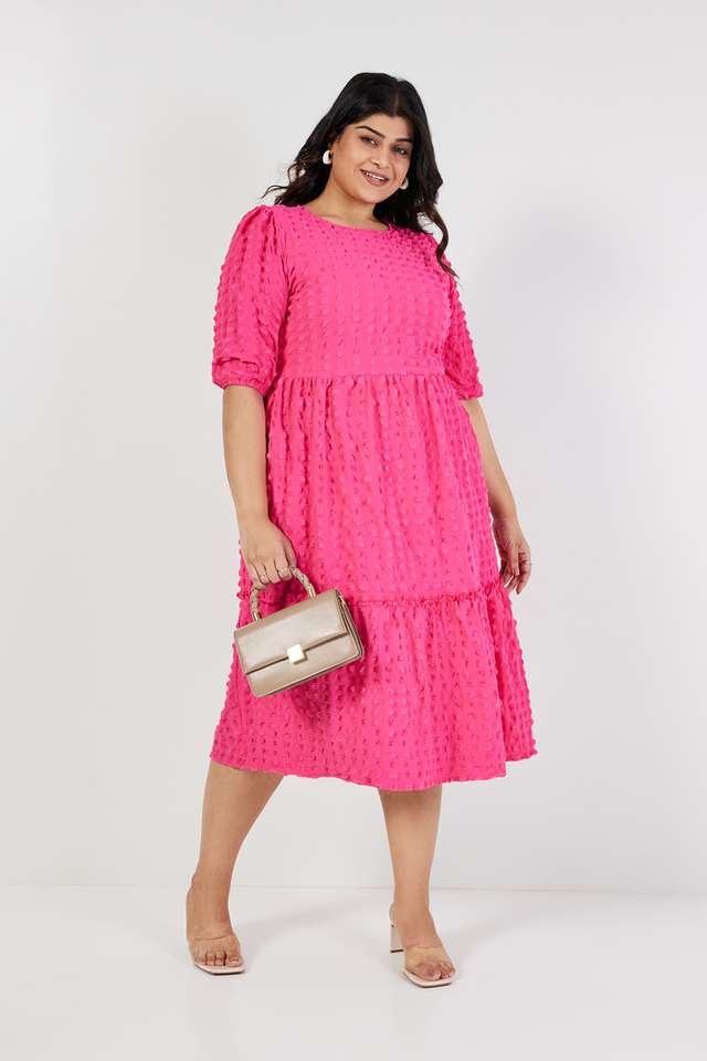 Plus-Size-Solid-Round-Neck-Polyester-Women-s-Knee-Length-Dress