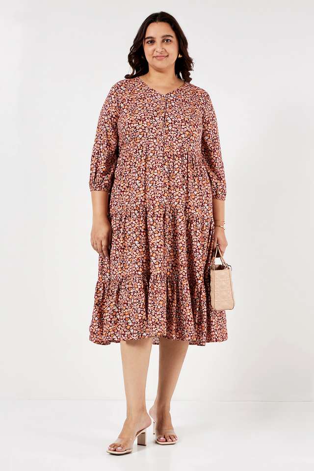 Plus-Size-Printed-V-Neck-Rayon-Women-s-Knee-Length-Dress