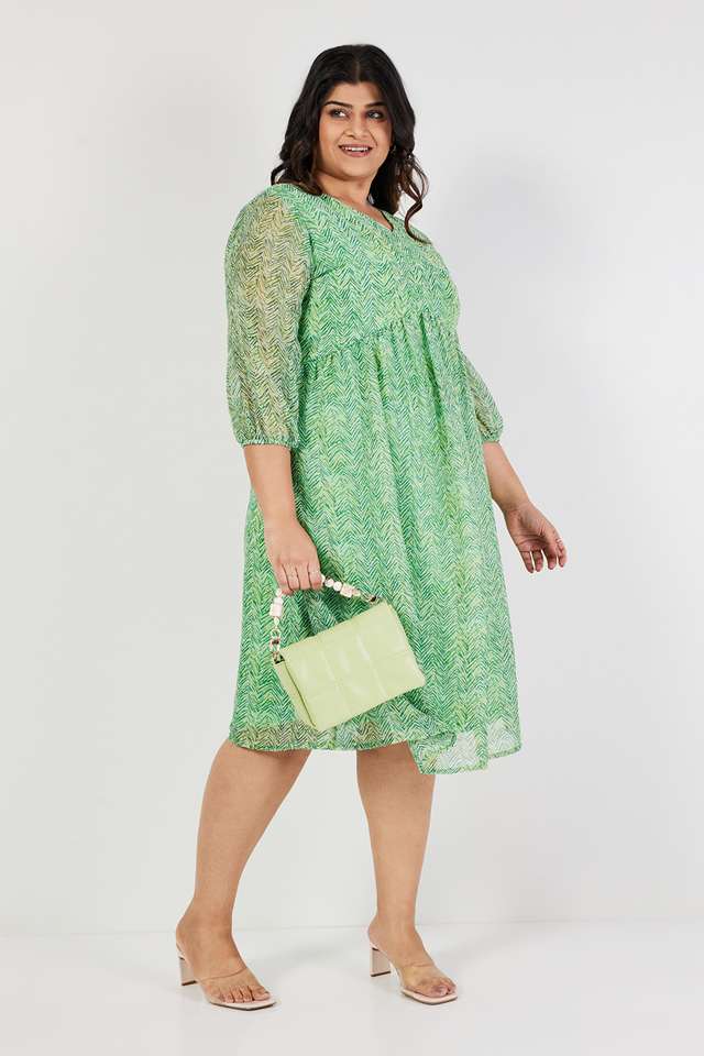 Plus-Size-Printed-V-Neck-Polyester-Women-s-Knee-Length-Dress