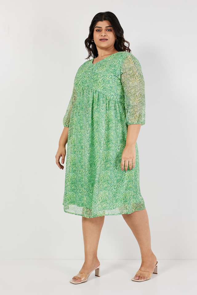 Plus-Size-Printed-V-Neck-Polyester-Women-s-Knee-Length-Dress
