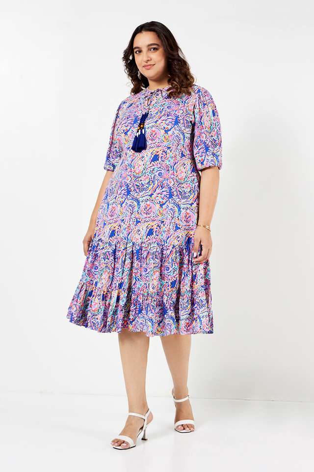 Plus-Size-Printed-V-Neck-Rayon-Women-s-Knee-Length-Dress