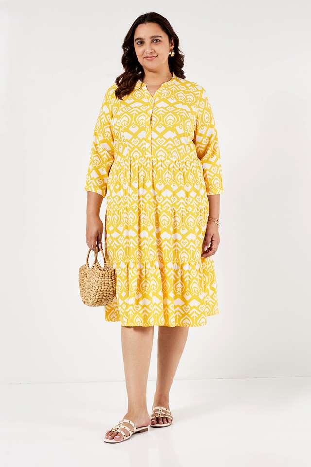 Plus-Size-Printed-Collared-Rayon-Women-s-Knee-Length-Dress