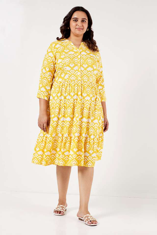 Plus-Size-Printed-Collared-Rayon-Women-s-Knee-Length-Dress