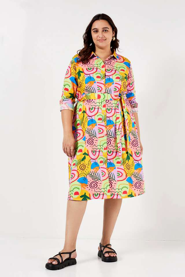 Plus-Size-Printed-Collared-Cotton-Women-s-Knee-Length-Dress