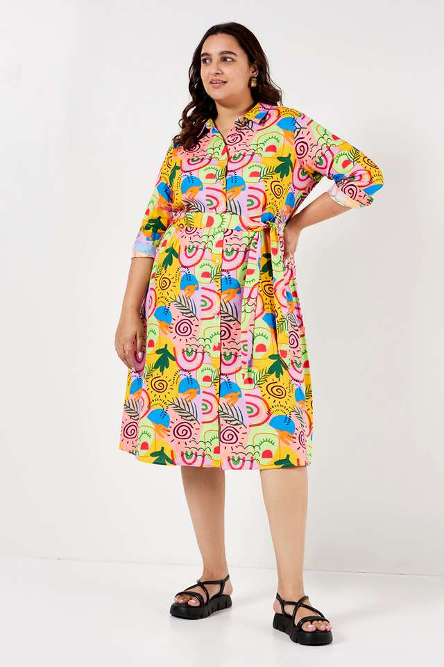 Plus-Size-Printed-Collared-Cotton-Women-s-Knee-Length-Dress