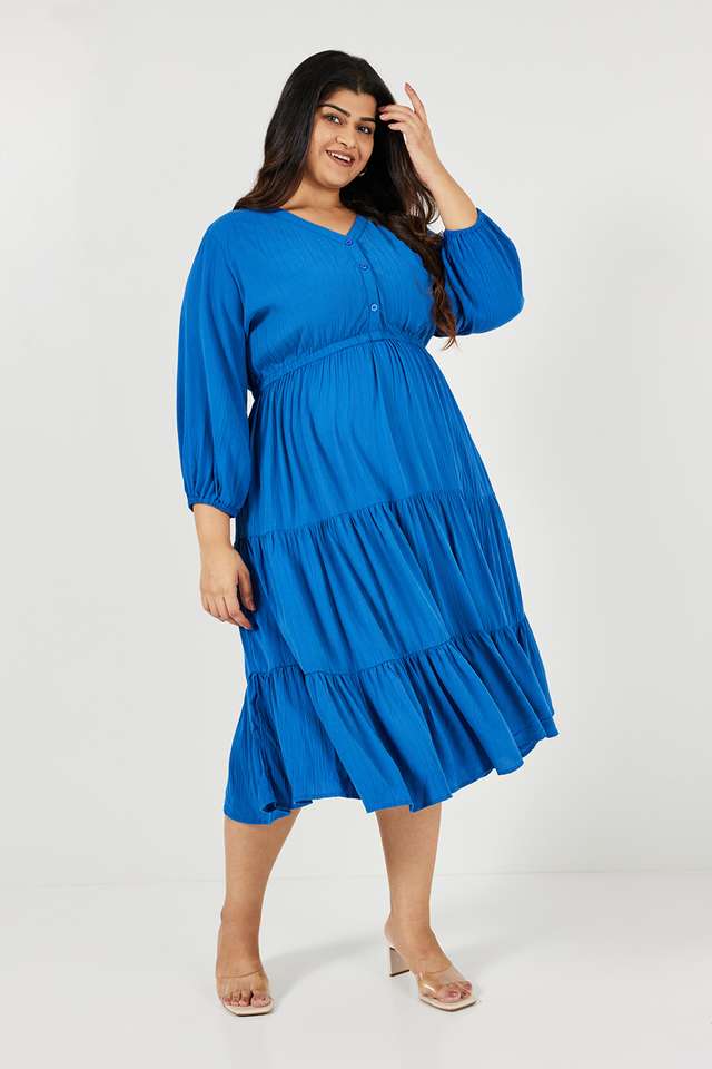 Plus-Size-Printed-V-Neck-Viscose-Women-s-Knee-Length-Dress
