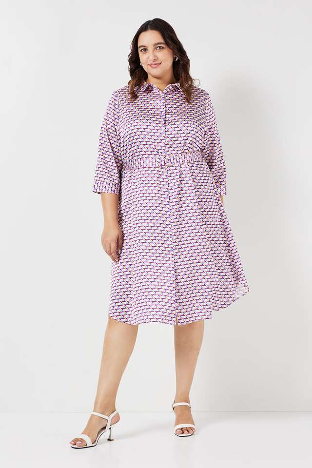 Plus-Size-Printed-Round-Neck-Polyester-Women-s-Knee-Length-Dress