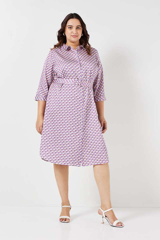 Plus-Size-Printed-Round-Neck-Polyester-Women-s-Knee-Length-Dress