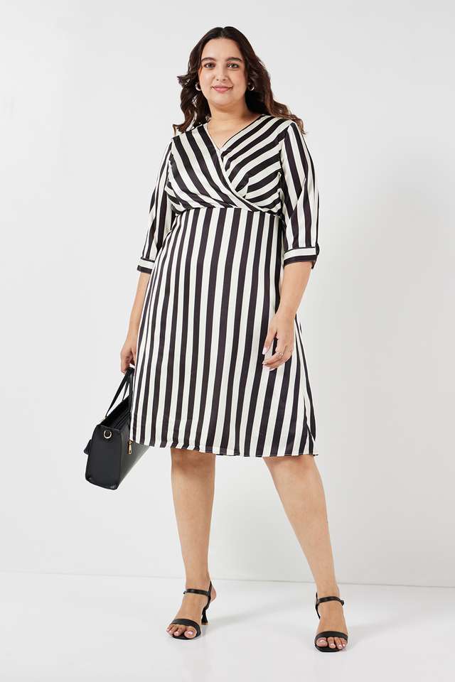 Plus-Size-Printed-V-Neck-Polyester-Women-s-Knee-Length-Dress