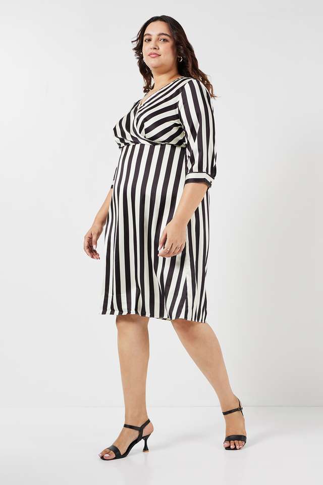 Plus-Size-Printed-V-Neck-Polyester-Women-s-Knee-Length-Dress