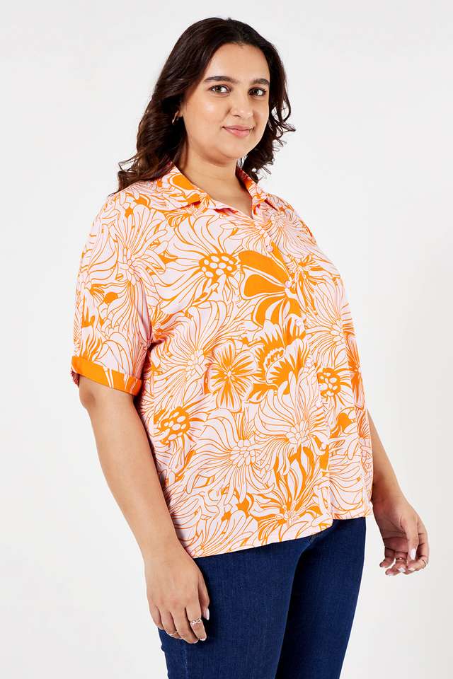 Plus-Size-Printed-Viscose-Collared-Women-s-Top