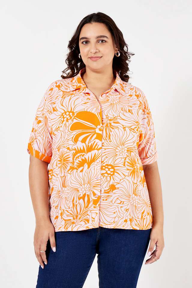 Plus-Size-Printed-Viscose-Collared-Women-s-Top