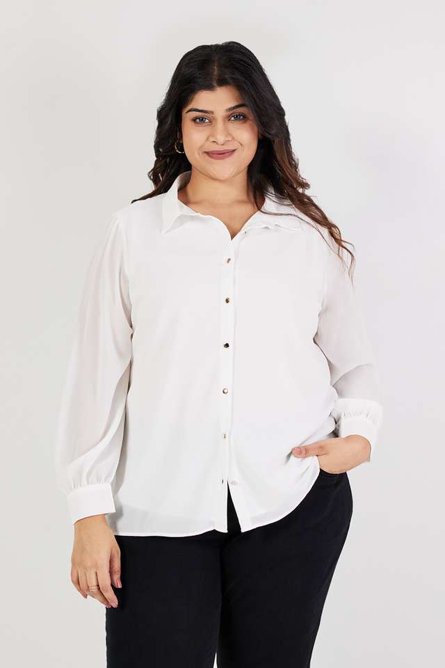 Plus-Size-Solid-Polyester-Collared-Women-s-Top