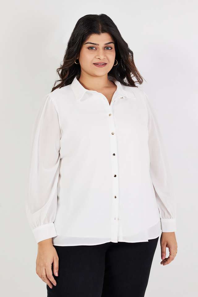 Plus-Size-Solid-Polyester-Collared-Women-s-Top