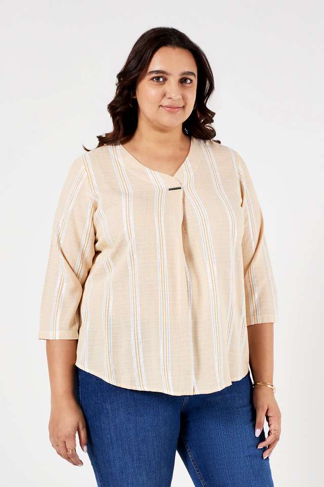 Plus-Size-Stripes-Viscose-V-Neck-Women-s-Top