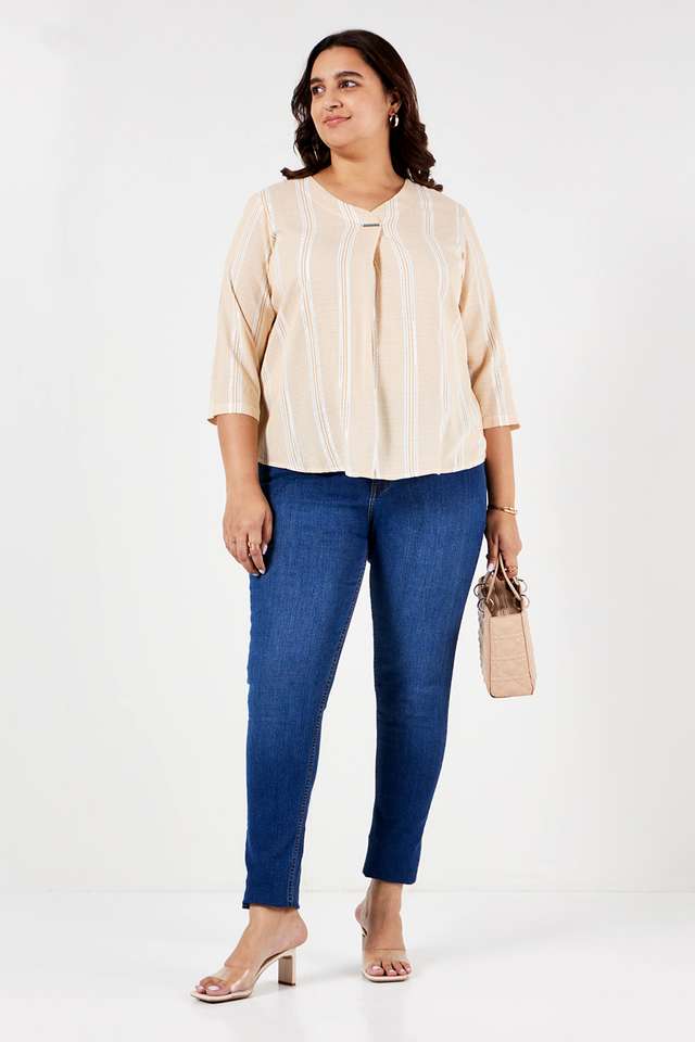 Plus-Size-Stripes-Viscose-V-Neck-Women-s-Top