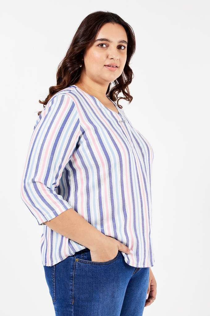 Plus-Size-Stripes-Viscose-V-Neck-Women-s-Top