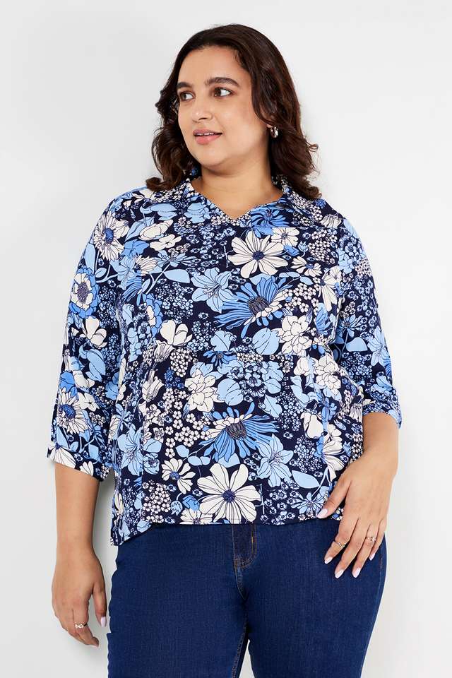 Plus-Size-Printed-Rayon-Collared-Women-s-Top