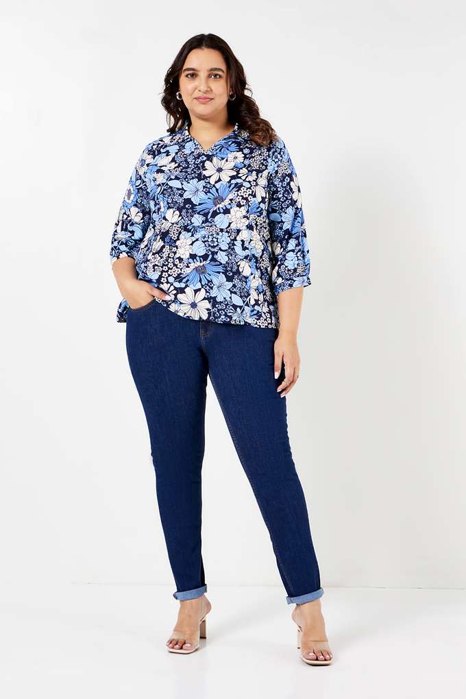 Plus-Size-Printed-Rayon-Collared-Women-s-Top