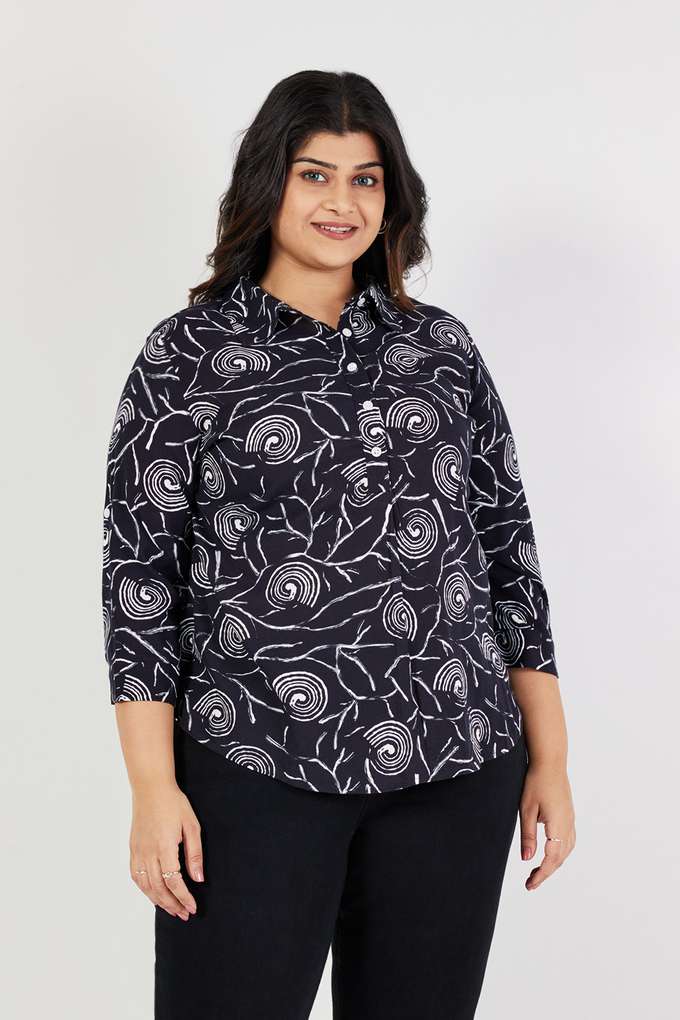 Plus-Size-Printed-Rayon-Collared-Women-s-Top