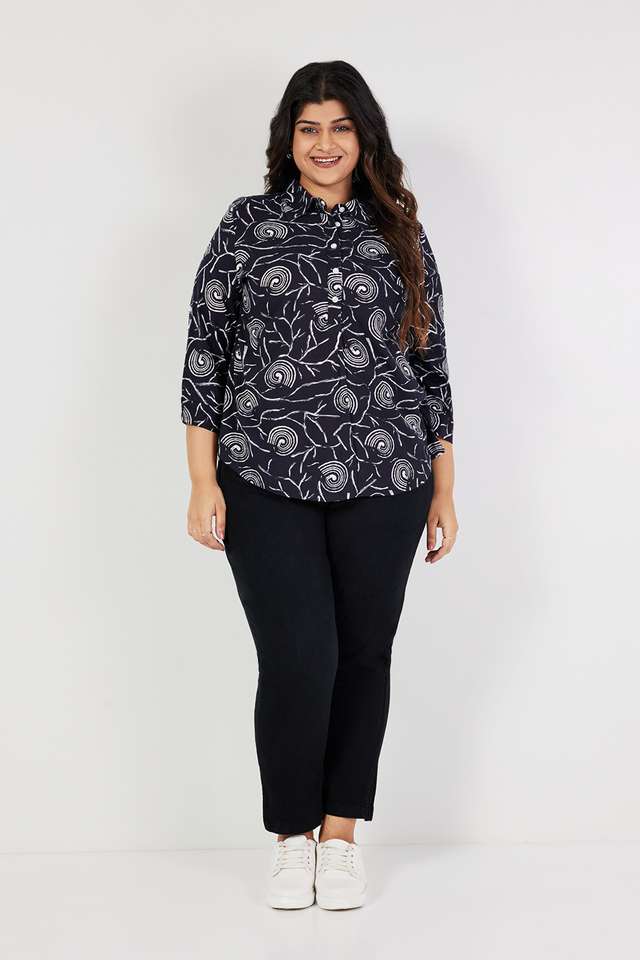 Plus-Size-Printed-Rayon-Collared-Women-s-Top