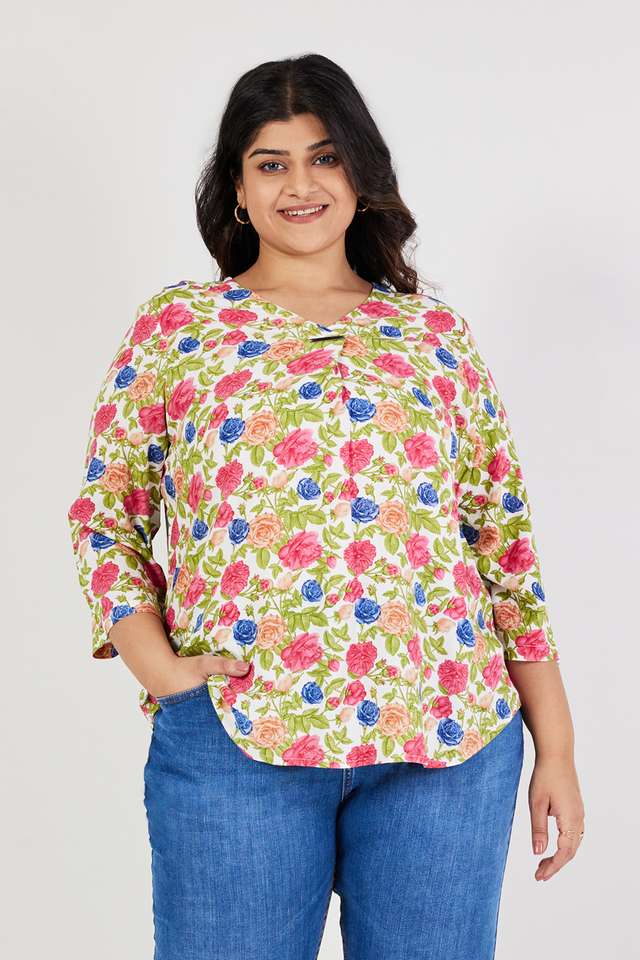 Plus-Size-Printed-Rayon-V-Neck-Women-s-Top