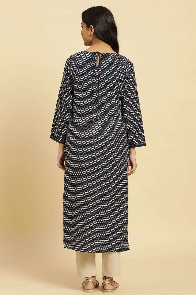 Geometric-Print-Cotton-Blend-Scoop-Neck-Women-s-Casual-Wear-Kurta