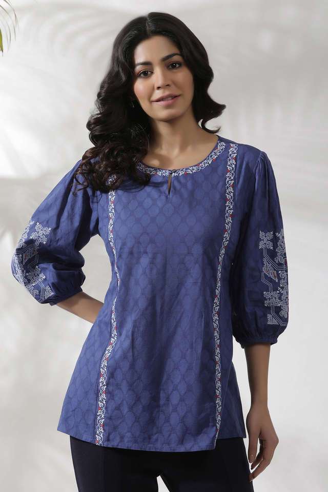 Geometric-Print-Cotton-Round-Neck-Women-s-Top