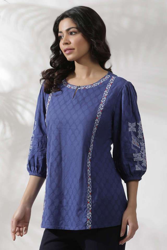 Geometric-Print-Cotton-Round-Neck-Women-s-Top