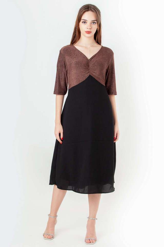 Color-Block-Polyester-V-Neck-Women-s-Party-Wear-Dress