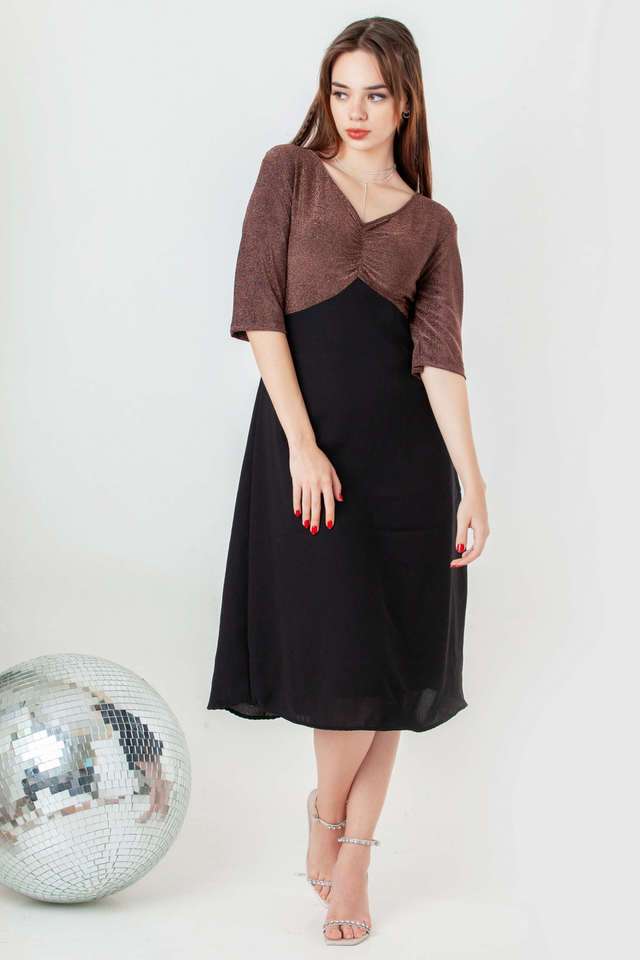 Color-Block-Polyester-V-Neck-Women-s-Party-Wear-Dress