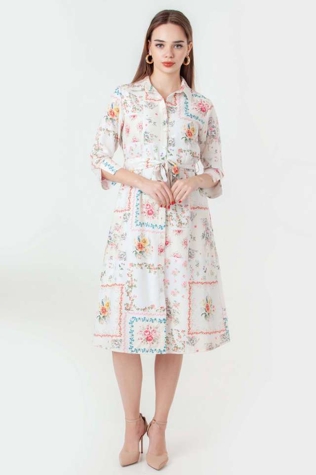Floral-Polyester-Collared-Women-s-Party-Wear-Dress