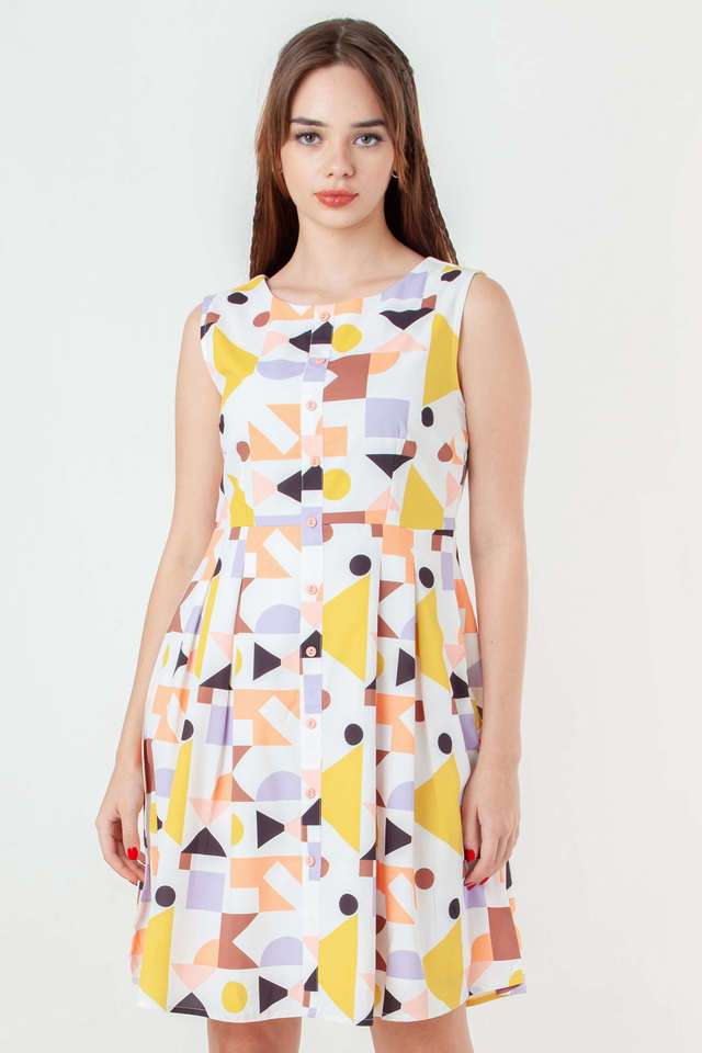 Geometric-Print-Polyester-Round-Neck-Women-s-Party-Wear-Dress