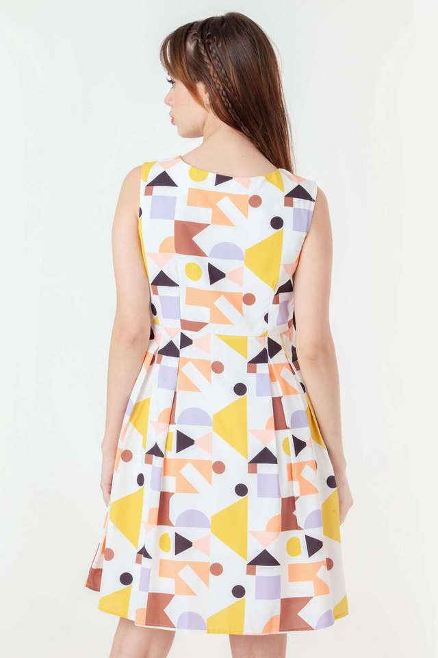 Geometric-Print-Polyester-Round-Neck-Women-s-Party-Wear-Dress