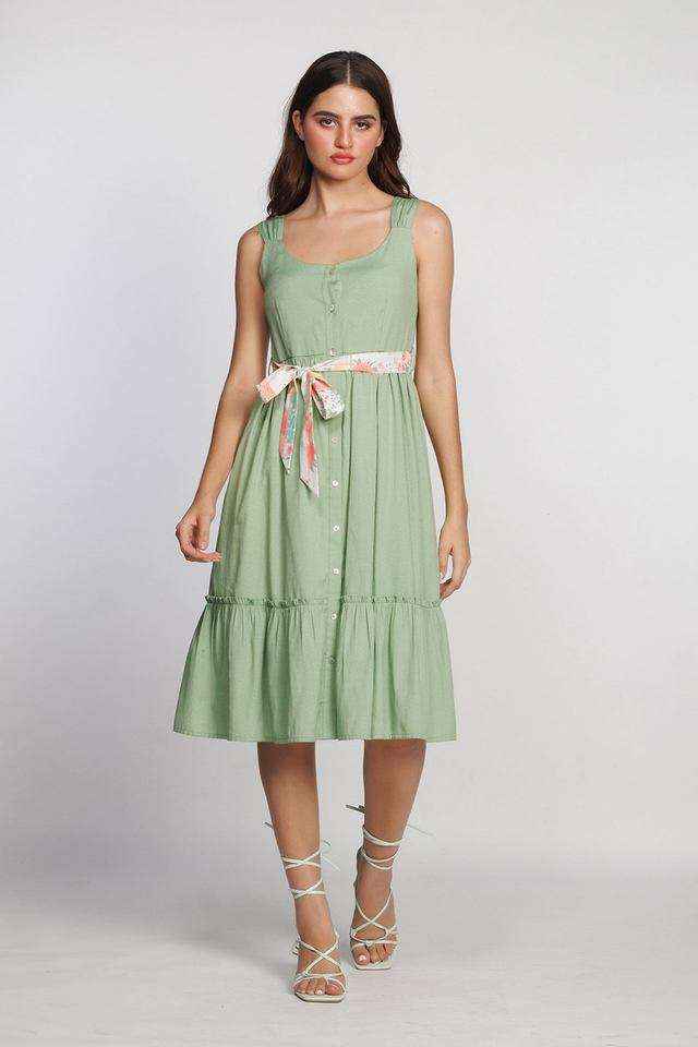 Solid-U-Neck-Polyester-Women-s-Calf-Length-Dress