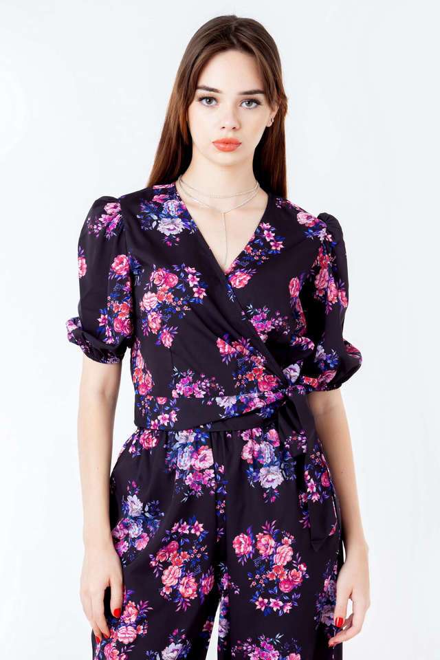Floral-Polyester-V-Neck-Women-s-Casual-Wear-Top