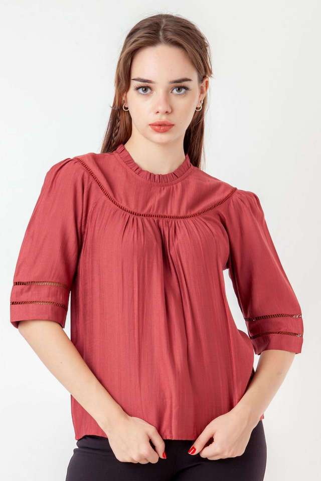 Solid-Polyester-High-Neck-Women-s-Casual-Wear-Top