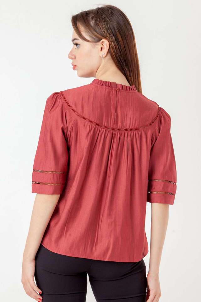 Solid-Polyester-High-Neck-Women-s-Casual-Wear-Top