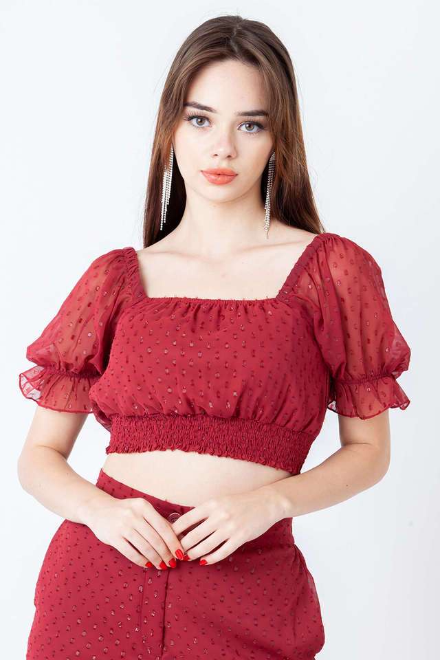 Embellished-Polyester-Square-Neck-Women-s-Casual-Wear-Top