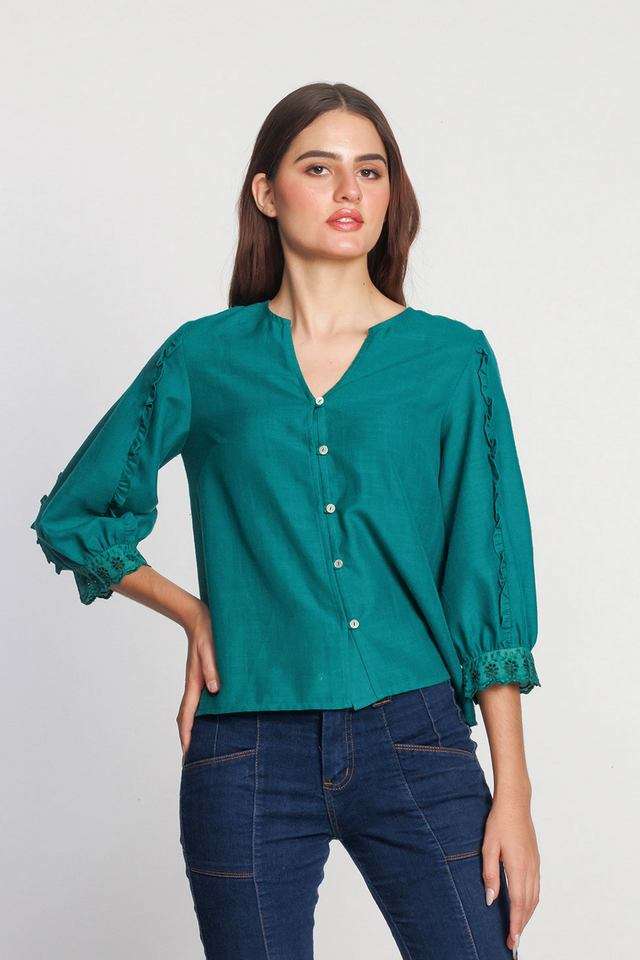 Solid-Polyester-V-Neck-Women-s-Top