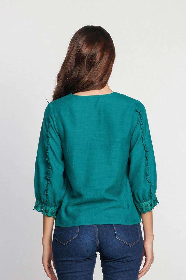 Solid-Polyester-V-Neck-Women-s-Top