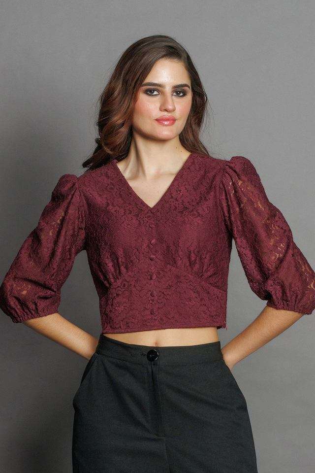 Solid-Polyester-V-Neck-Women-s-Top