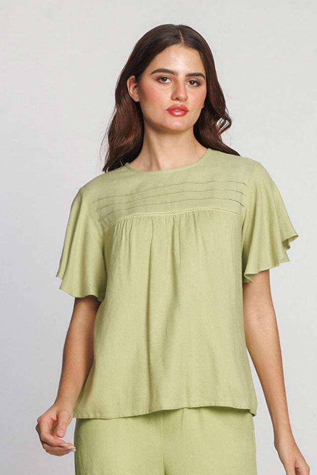 Buy Zink London green Solid Viscose Round Neck Women Top